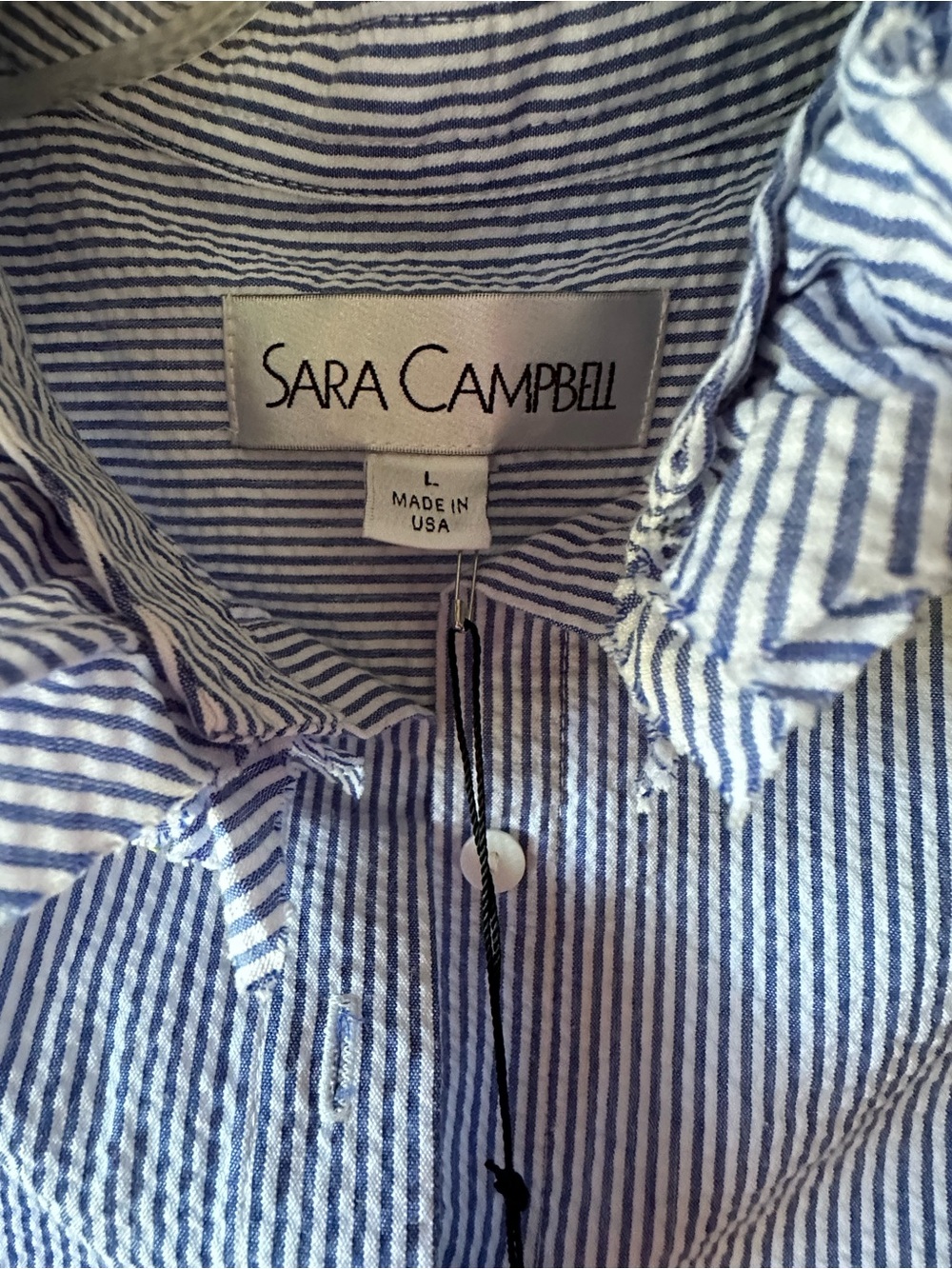 Sara Campbell Blue and White Striped Sleeveless Ruffle Collar Shirt Dress - Picture 3 of 4